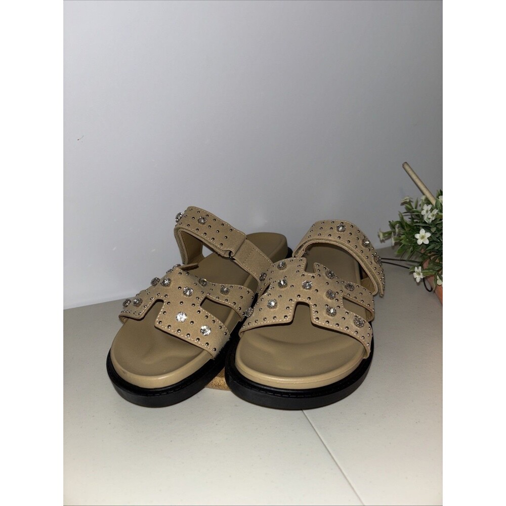 Lemonade Flat Sandals Womens Nude Studded Straps Adjustable Slip On Size 10 NIB